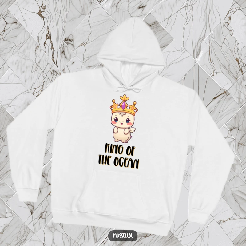 Funny Mussel Hoodie featuring a regal character wearing a tiny crown, offering maximum humor and warmth.