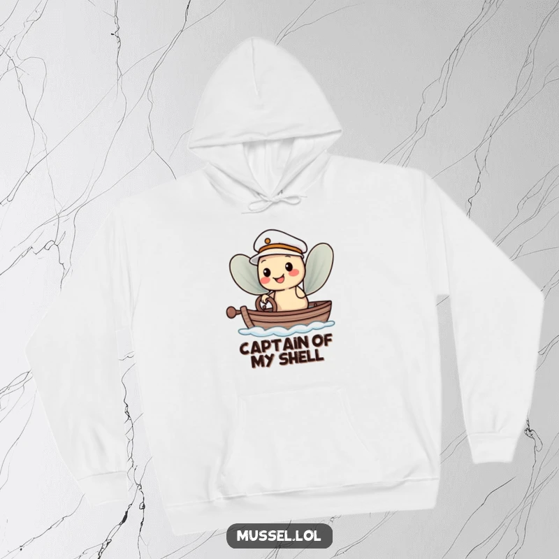 Funny Hoodie: A smiling mussel character in a sailor hat steering a boat, offering cozy nautical humor and adventure.