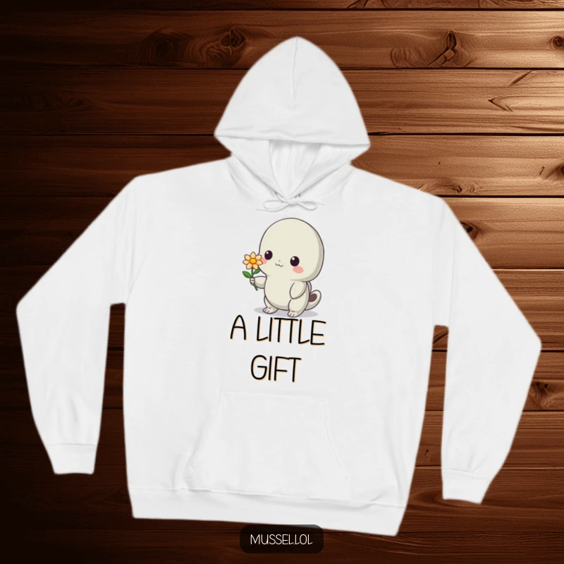 Funny Mussel Hoodie: A bashful mussel holding a delicate flower, offering it with a shy smile, embodying sweet and funny kindness.