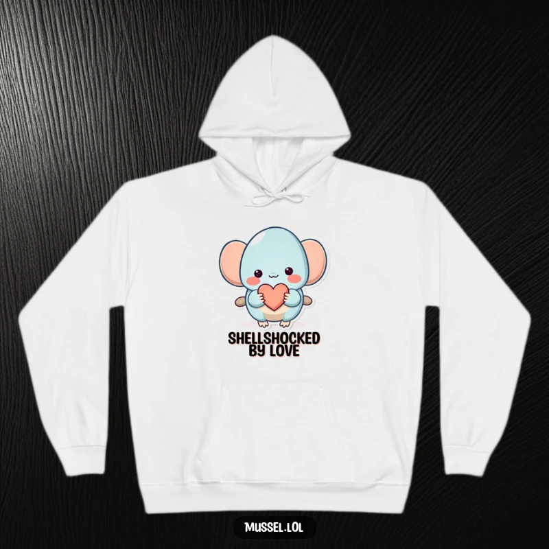 Funny Mussel Hoodie: A shy mussel offering a heart on a comfy hoodie, perfect for expressing warm feelings humorously.