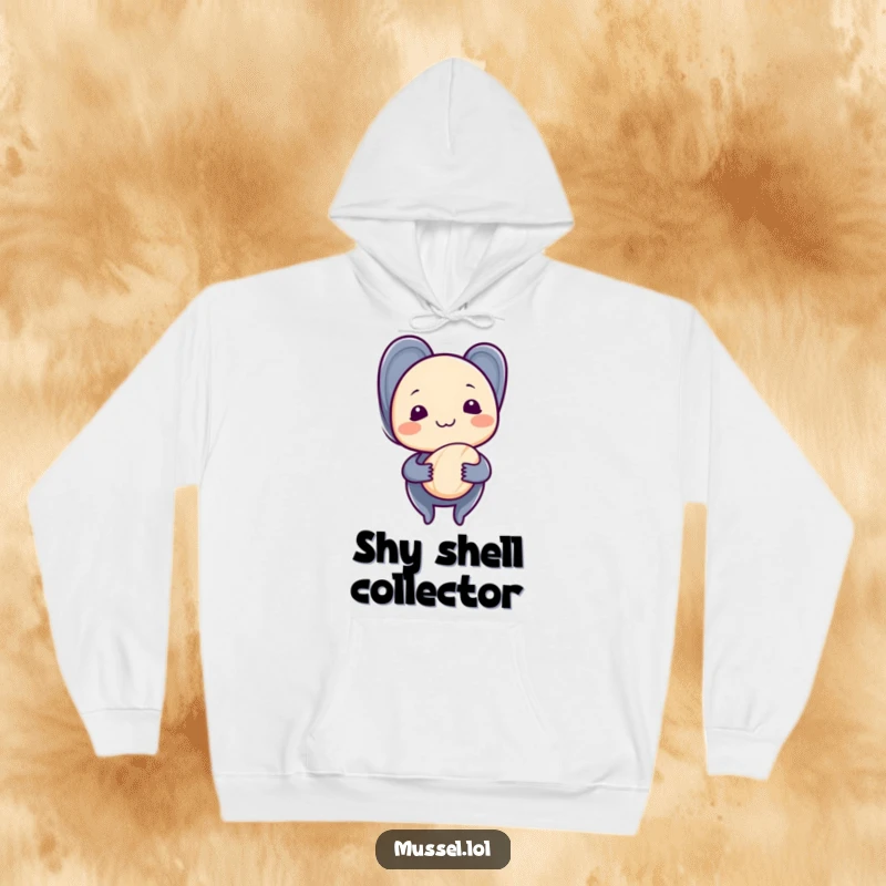 Funny mussel with a shy grin, holding a seashell, on a soft hoodie, perfect for those who enjoy quiet humor.