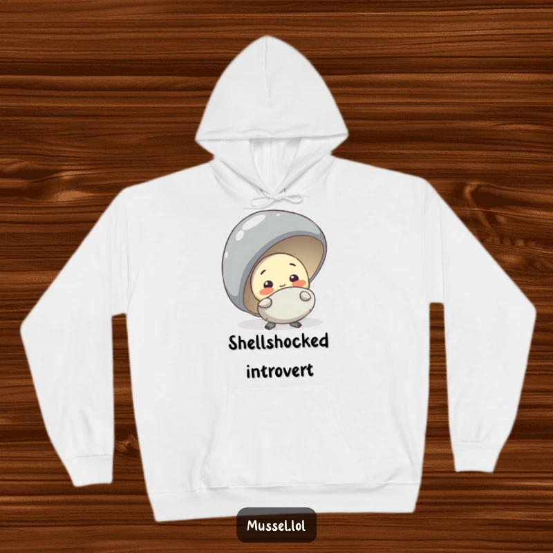 Funny shy mussel character peeking from behind a larger mussel, featured on a cozy hoodie for warm, humorous vibes.