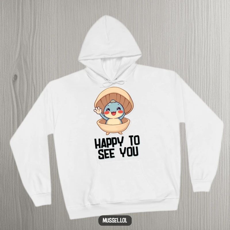 Funny hoodie featuring a grinning mussel character waving happily from its open shell, exuding warmth and friendliness.