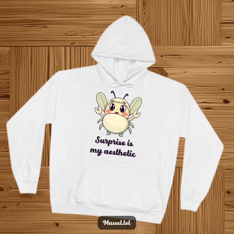 Funny hoodie illustrating a shocked mussel character with wide eyes, watching a small waving crab, a humorous and warm garment.