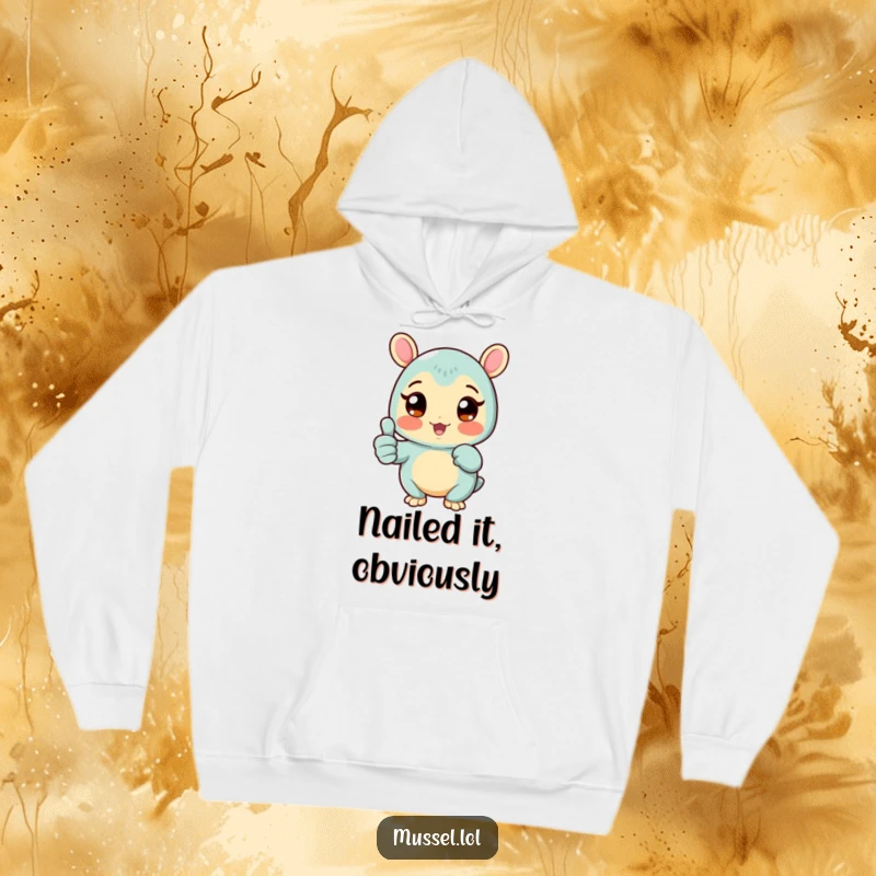 Funny Mussel Hoodie with a rosy-cheeked mussel character giving a thumbs up, radiating warmth and positivity, an ideal funny gift.