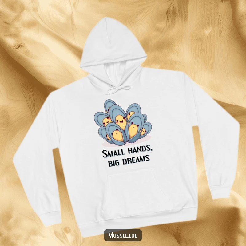Funny mussel hoodie featuring a group of happy waving mussels, designed for warmth and spreading cheer.