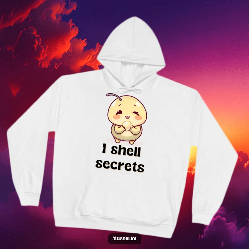 Funny Mussel Hoodie: A cozy hoodie with a winking mussel character clutching a sparkling pearl, offering comfort and laughs.