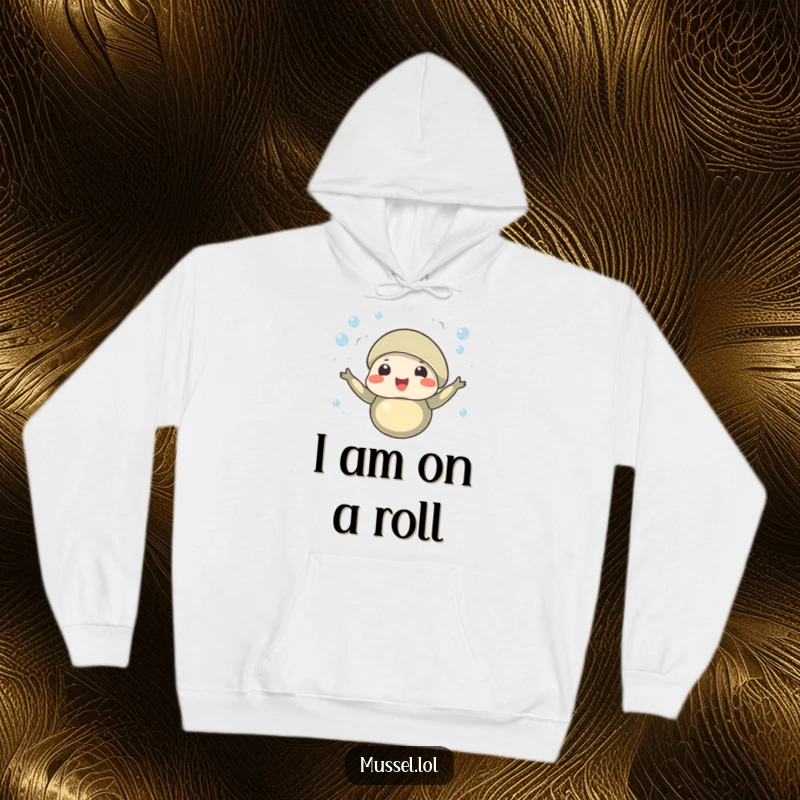 Funny hoodie featuring a joyful mussel character with tiny bubbles rising around it, a warm and festive garment.