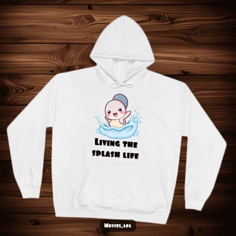 Funny Mussel Wave Splash Hoodie: A warm hoodie featuring a mussel character enjoying a playful splash in a small ocean wave.