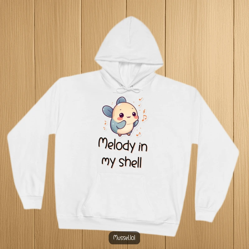 Funny mussel character with tiny musical notes floating around it, featured on a cozy hoodie for warm, humorous vibes.