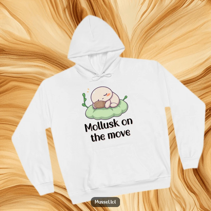Funny Mussel Hoodie: A cute mussel character in a deep sleep on soft seaweed, radiating tranquility and a touch of humor.
