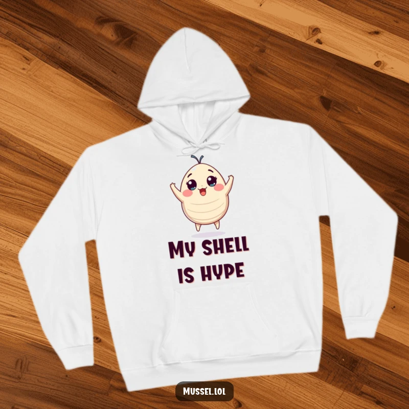 Funny plump mussel character with wide eyes jumping with pure excitement, a soft and humorous hoodie.