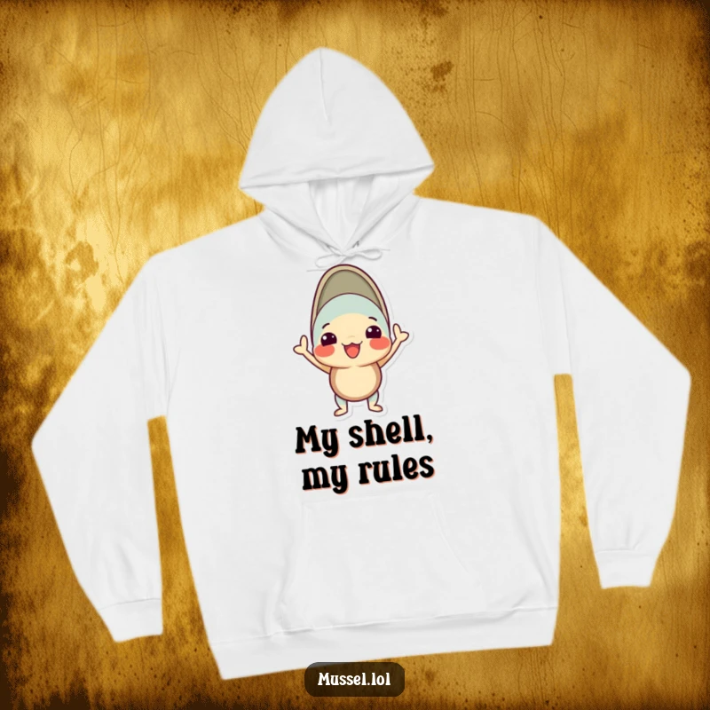 Funny mussel hoodie featuring a character in a proud, silly pose with its shell open, designed for confidence.