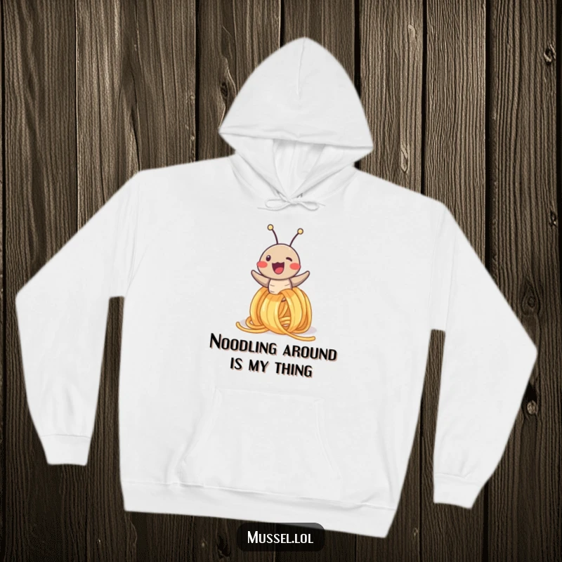 Funny hoodie showing a joyful mussel character having the time of its life sliding down a strand of spaghetti, pure edible fun.