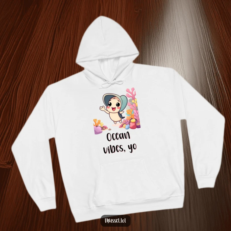 Funny hoodie featuring a mussel cheerfully waving from a colorful coral reef, perfect for warm and friendly comfort.