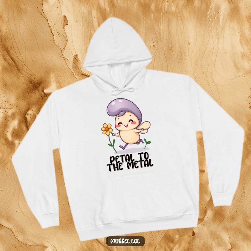 Funny Mussel Flower Hoodie: A mussel character with comically tiny legs runs joyfully with a flower, a warm and cute top.