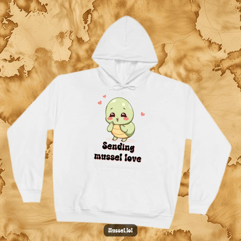 Funny Mussel Love Hoodie: A mussel character blowing a kiss, offering humorous warmth and affectionate comfort.