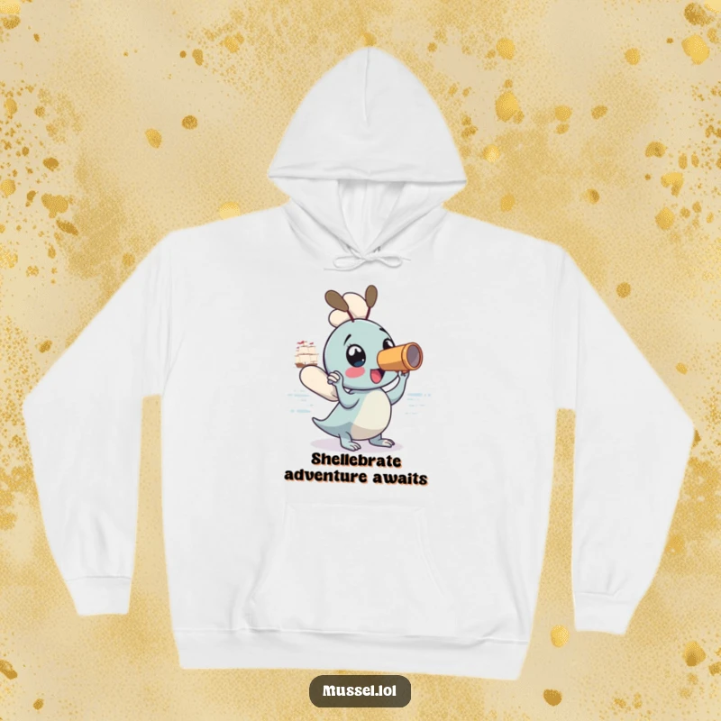 Funny Mussel Hoodie: A determined mussel peers through a spyglass, ready for any maritime quest, making this a great funny gift.