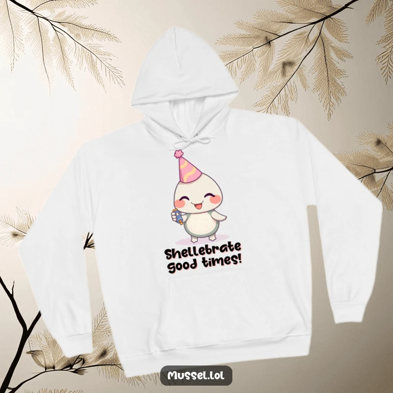 Funny Mussel Hoodie featuring a mussel character in a party hat with a noisemaker, radiating infectious party vibes, ideal funny gift.