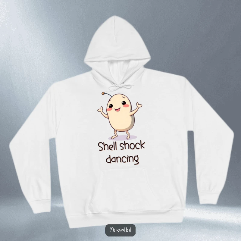 Funny Mussel Hoodie: A smiling mussel with legs in a silly dance pose on a comfy hoodie, ideal for cozy laughs.