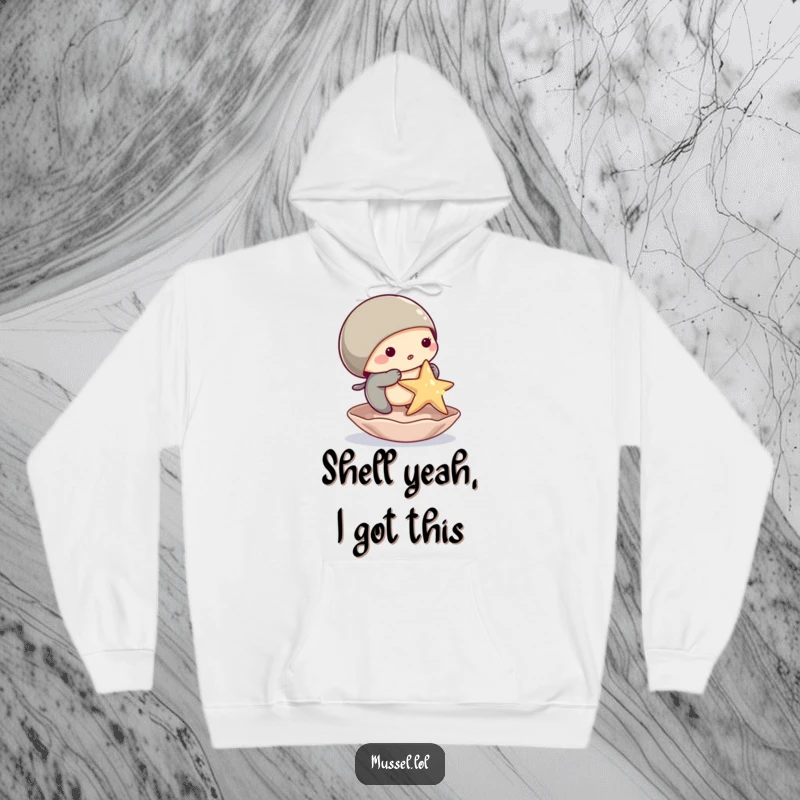 Funny mussel hoodie depicting a cute mussel character attempting to balance a tiny starfish on its shell, a symbol of fun challenges.