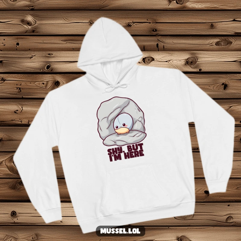 Funny Mussel Hideaway Hoodie: A shy mussel peeking from behind a rock, providing humorous comfort and privacy.