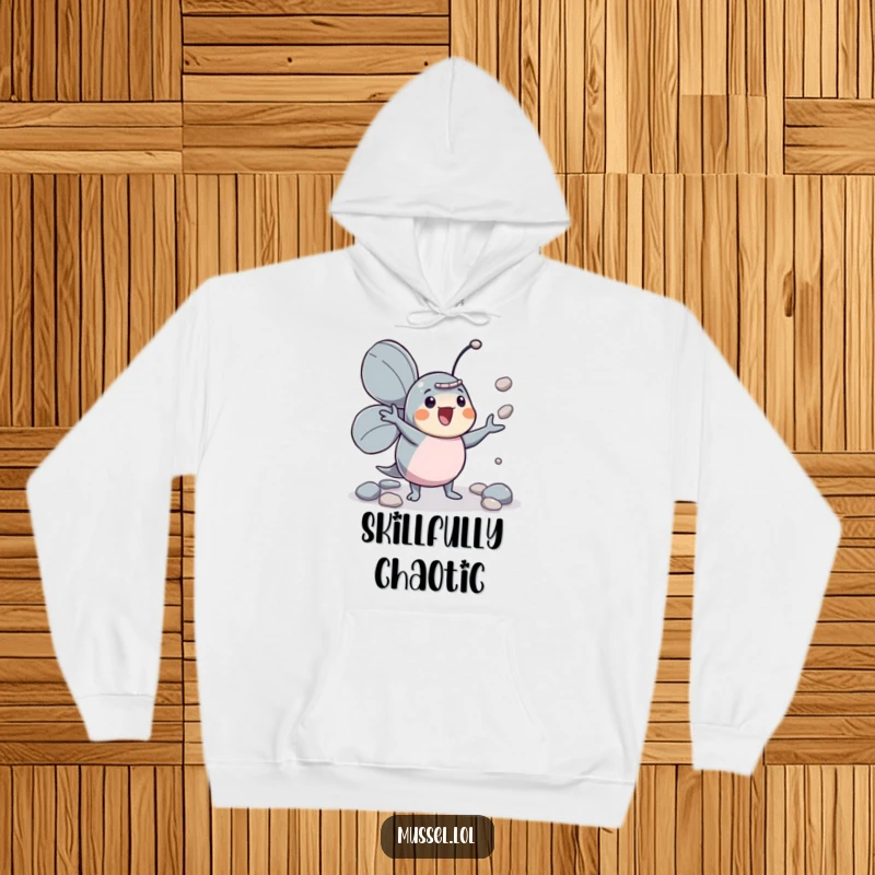 Funny mussel character juggler hoodie, enthusiastically juggling pebbles, cozy and fun.