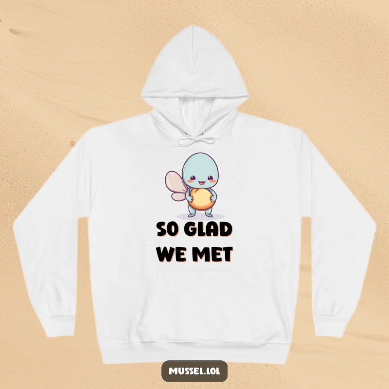 Funny Mussel Hoodie featuring a sweet mussel character sharing a shell, a super soft and humorous gift idea.