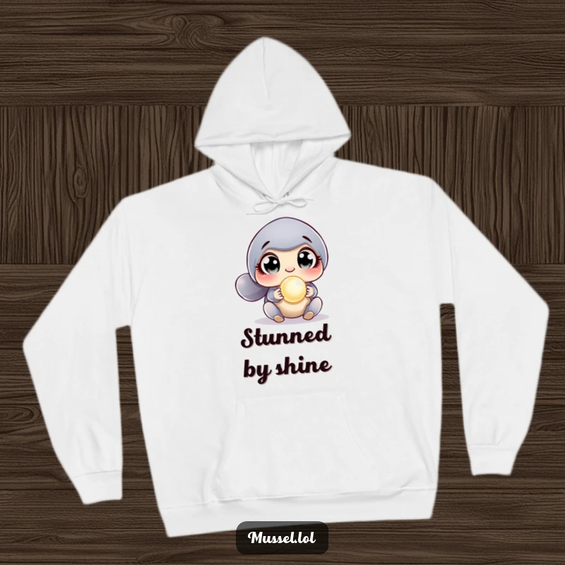 Funny Surprised Mussel Hoodie illustrating a mussel's comical wide-eyed reaction to finding a sparkling pearl, offering warmth and a humorous story.