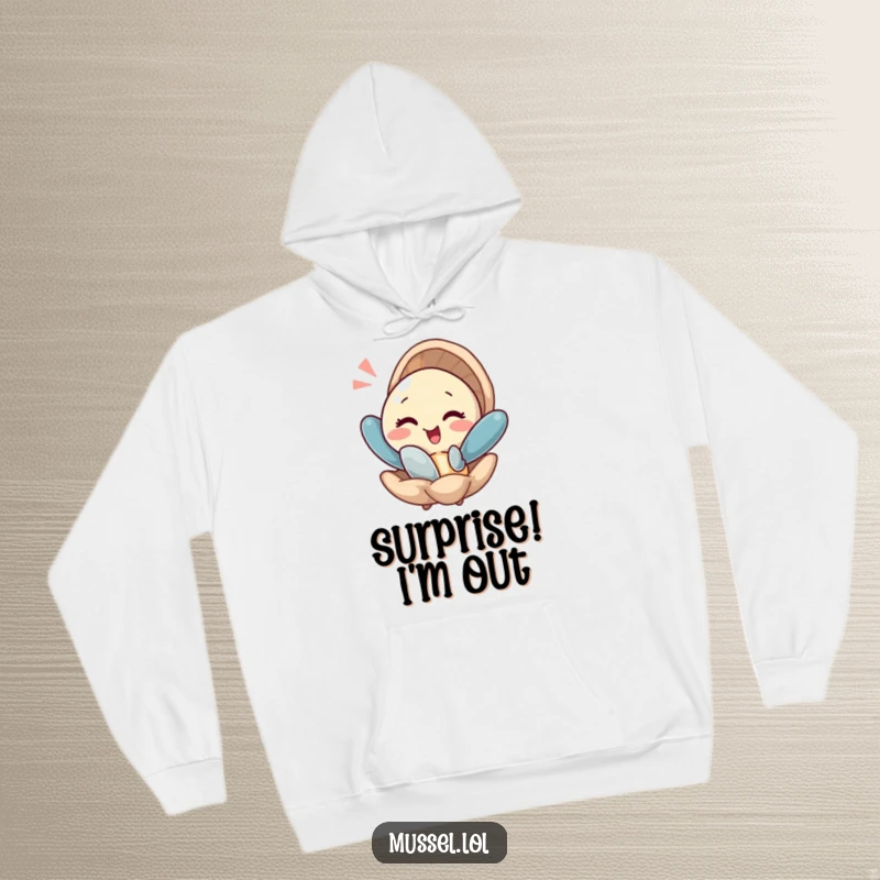 Funny hoodie featuring a mussel winking and popping out of its shell with a flourish, perfect for cozy humor.