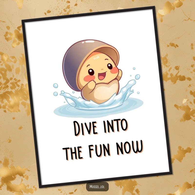 Funny Free Printable Wall Art of a playful mussel character splashing water from its open shell energetically.