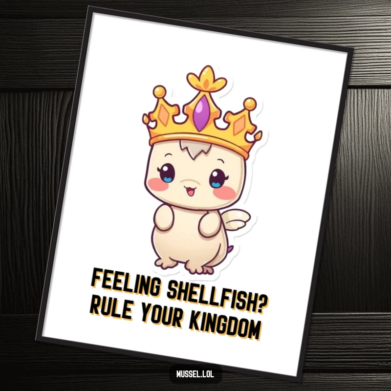 Funny Free Printable wall art featuring a sophisticated mussel character sporting a tiny crown, radiating regal vibes.
