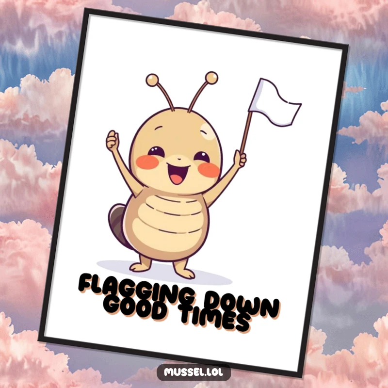 Free Printable Wall Art: A joyful mussel character enthusiastically waving a small flag in a festive display.