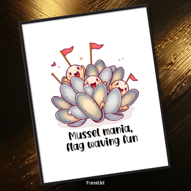 Funny Free Printable Wall Art: Mussels joyfully waving tiny flags, creating a vibrant and cheerful scene for downloadable decor.