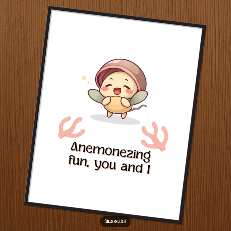 Funny Free Printable wall art of a mussel character giggling joyfully while being tickled by a whimsical sea anemone, under the sea theme.