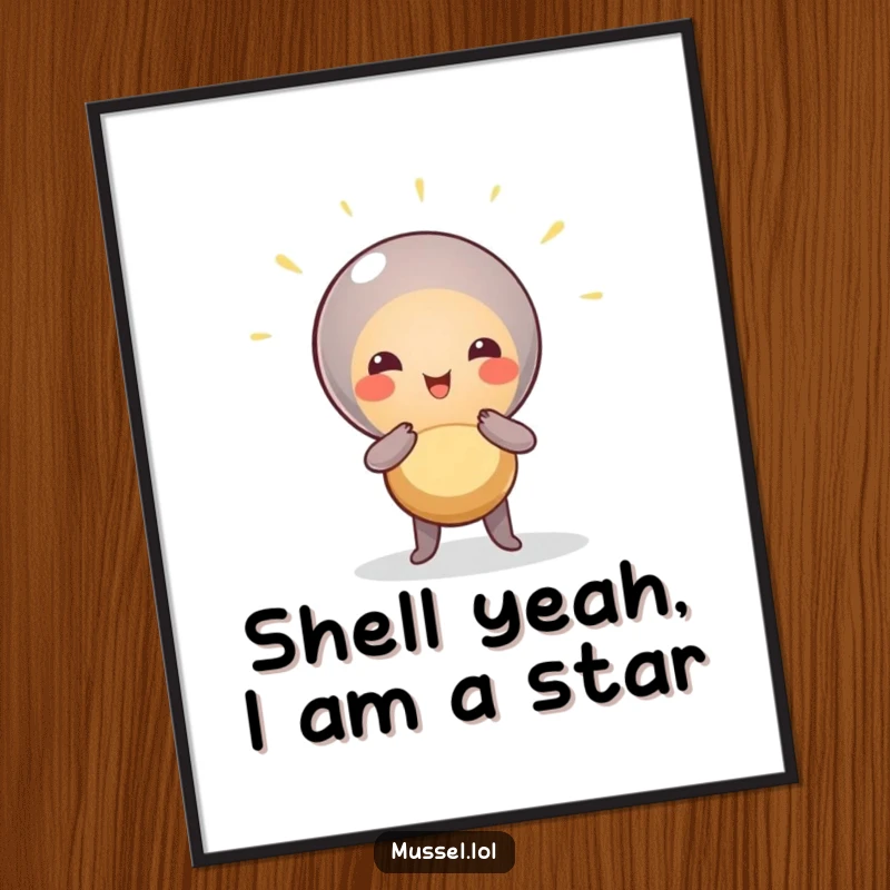 Funny Free Printable Wall Art: A mussel character striking a dramatic pose in a spotlight, shell illuminated, like a true stage star.