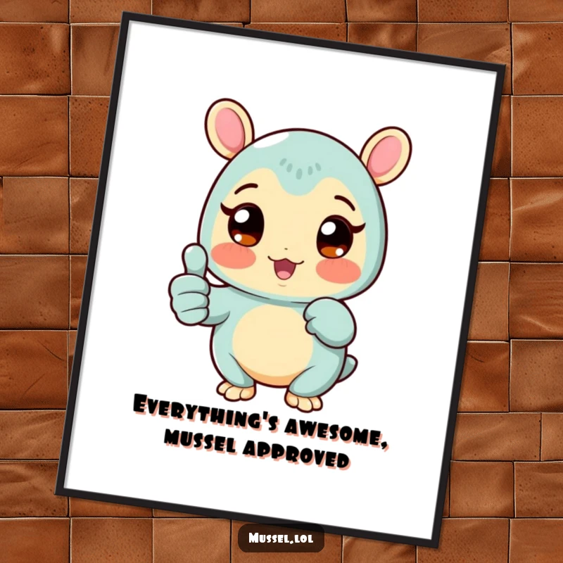 Funny Free Printable Wall Art depicting a happy mussel with rosy cheeks and wide eyes, giving a strong thumbs up.