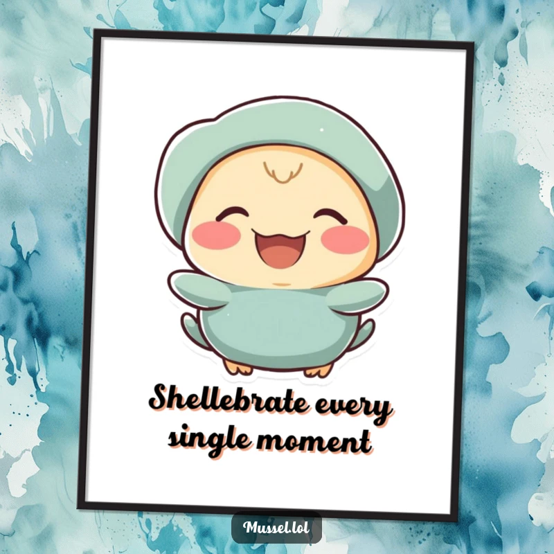 Funny Free Printable mussel character with rosy cheeks laughing heartily, creating cheerful downloadable wall art.