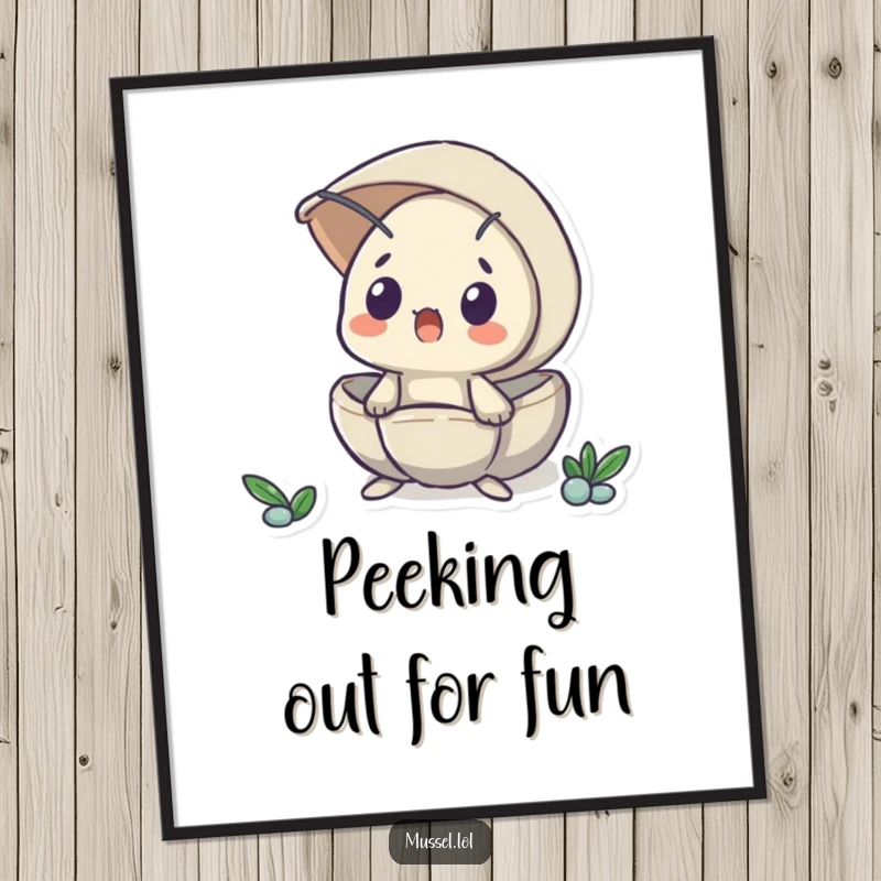 Funny Free Printable Wall Art: Mussel character peeks out from its shell with a comically surprised expression, adding whimsical decor.