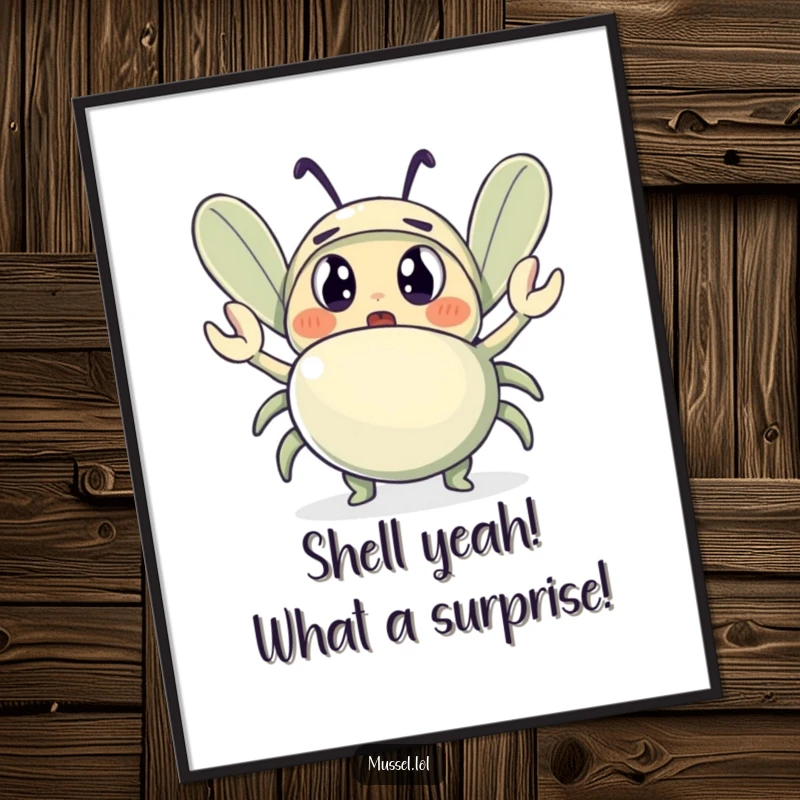 Funny Free Printable Wall Art of a surprised mussel character with wide eyes as a tiny crab waves.