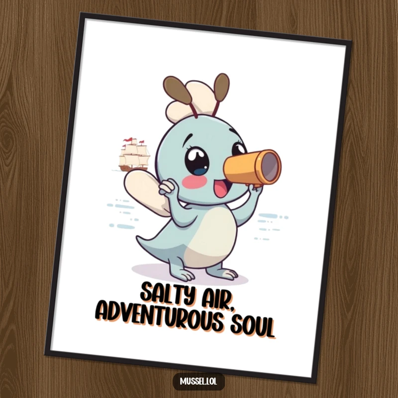 Funny Free Printable Wall Art: Amused mussel scans the horizon with a spyglass, seeking adventure. Nautical decor!