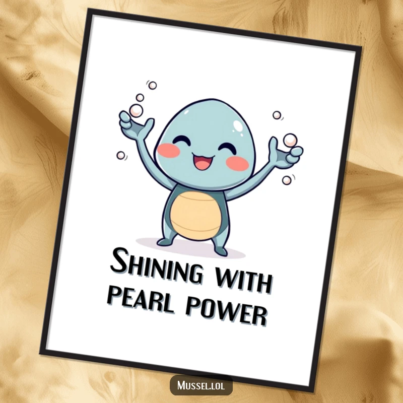 Funny Free Printable Wall Art: A giggling mussel character skillfully juggling a cascade of tiny, lustrous pearls with its arms.