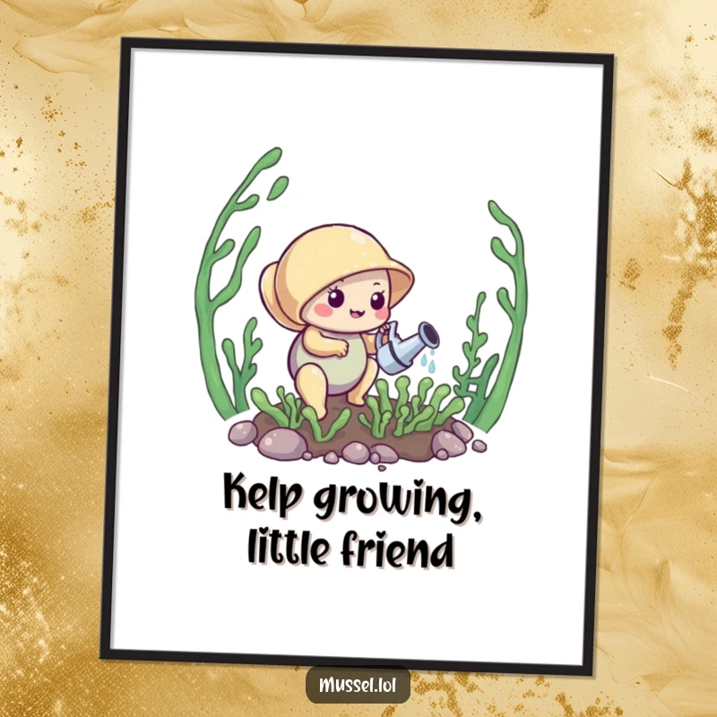 Funny Free Printable Wall Art: A small mussel diligently waters a tiny, vibrant kelp garden. Peaceful underwater scene!