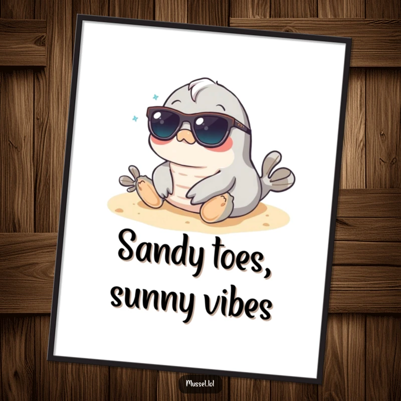 Funny Free Printable Wall Art: A mussel in sunglasses relaxes on a sandy beach, exuding cool vibes. Tropical escape!