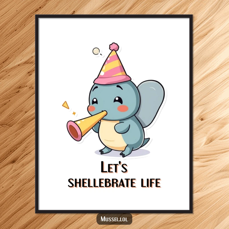 Funny Free Printable Wall Art: Mussel character in a party hat, joyfully blowing a party horn, vibrant cartoon.