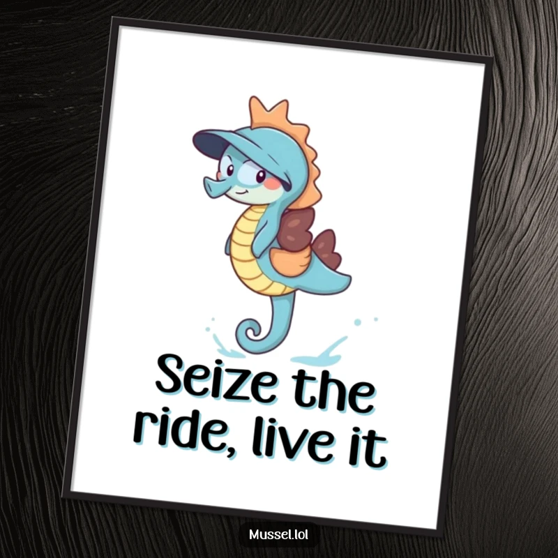 Funny Free Printable Wall Art: A happy, giggling mussel character riding on the back of a friendly blue seahorse.