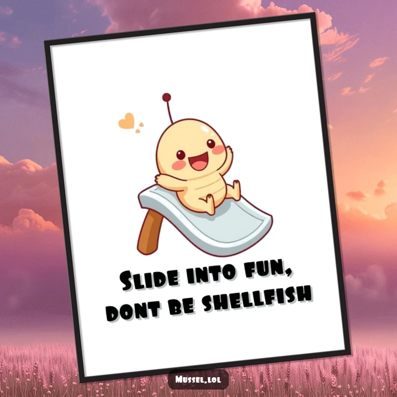 Funny Free Printable Wall Art: A joyous mussel character slides down an imagined slide, bringing laughter and fun to any room.