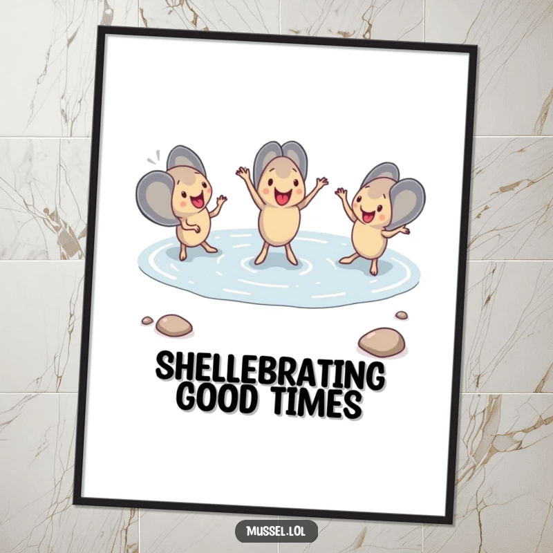 Funny Free Printable Wall Art: A whimsical illustration of mussels performing a perfectly synchronized dance in a tide pool.