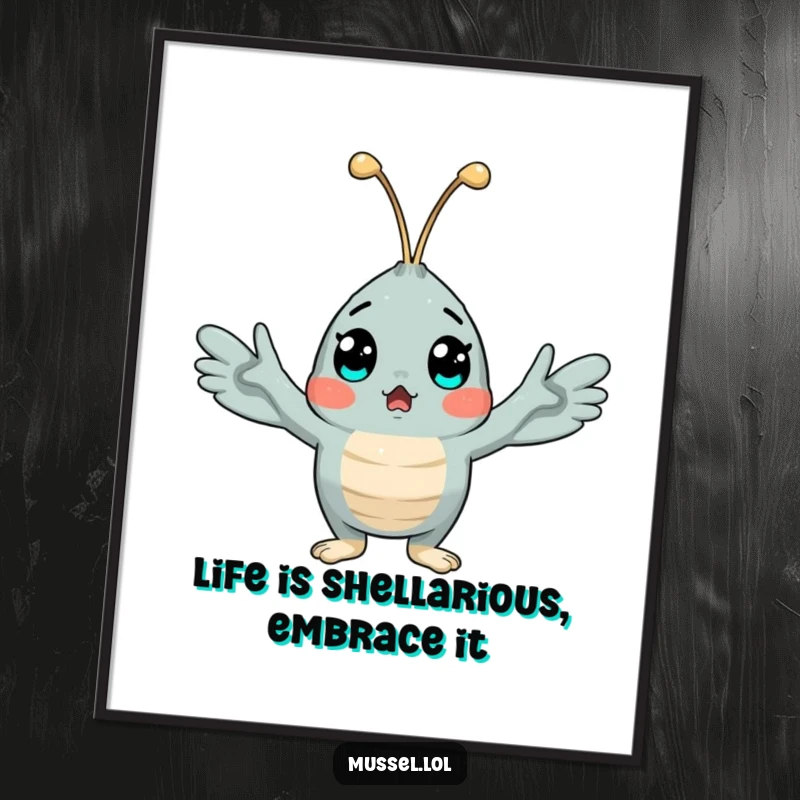 Funny Free Printable Wall Art: A surprised mussel character with its arms wide open, looking comically shocked and delighted.