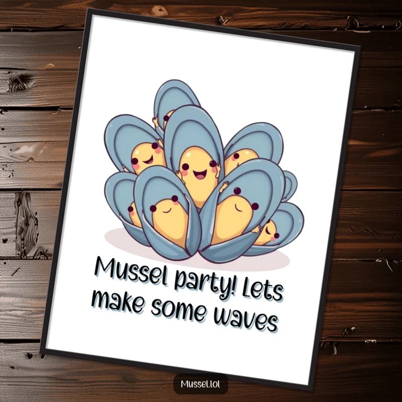 Funny Free Printable Wall Art: Group of Mussels Waving Happily with Tiny Hands, Nautical Decor